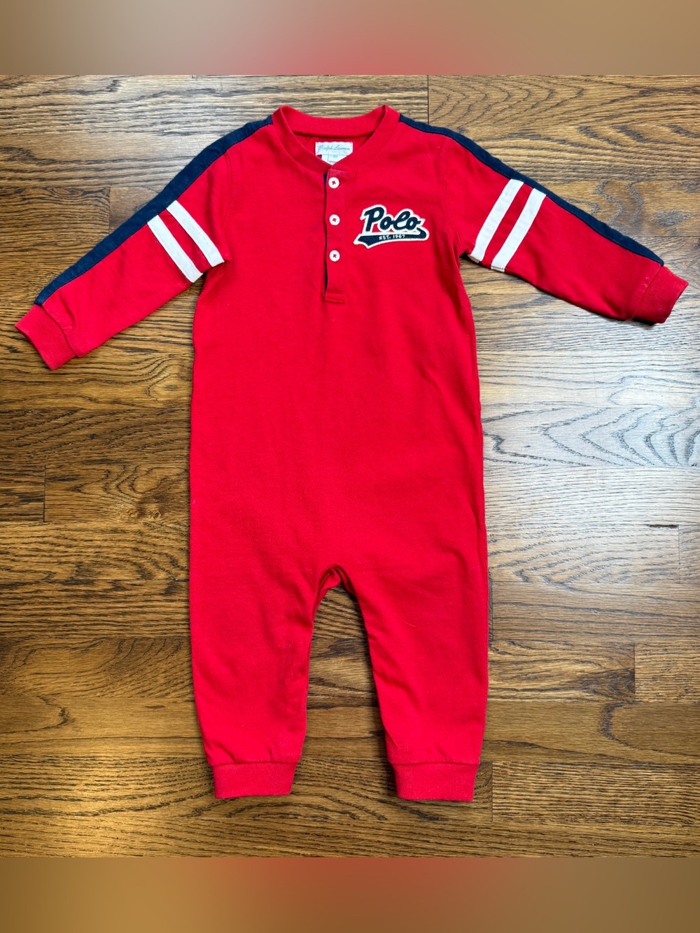 Ralph Lauren Boys Polo Red Baby Collegiate One-Piece Romper Navy / White 12 M